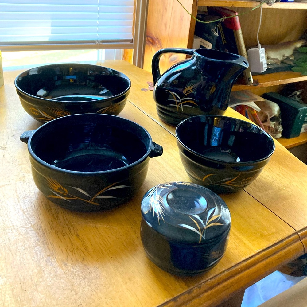 5 Piece Royal Sealy 1940s Japan Oven Proof Black Willows Painted
